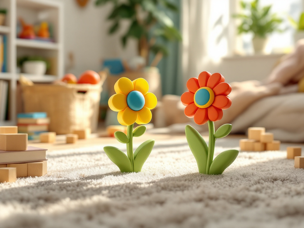 Color sorting toy placed on a playroom floor among children's books and toys in a full room setting