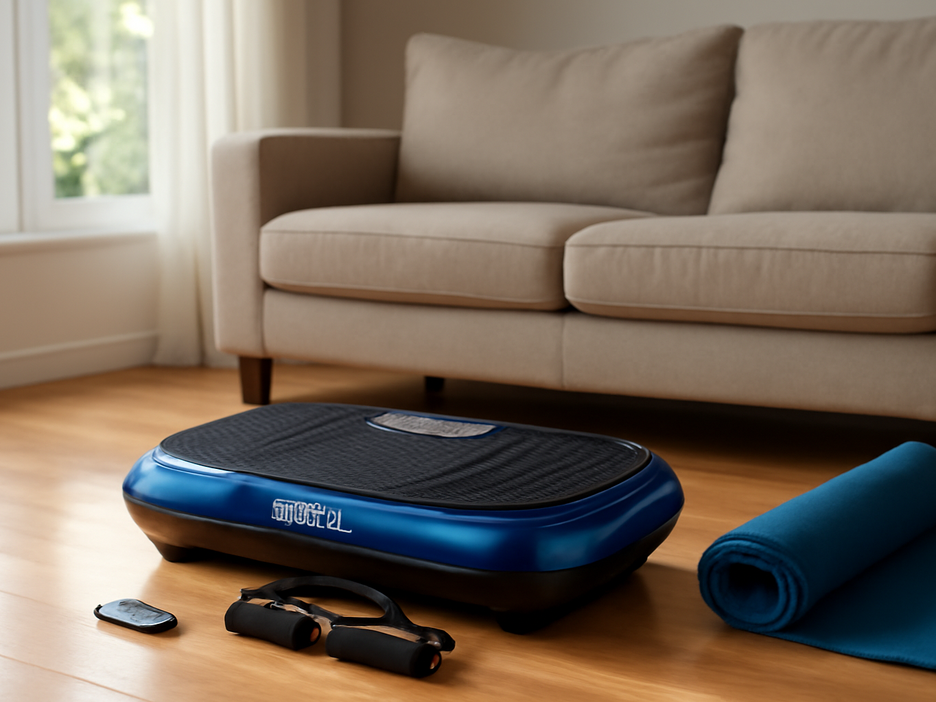 Lifepro Waver vibration plate on hardwood floor in bright living room setting with couch and rolled yoga mat