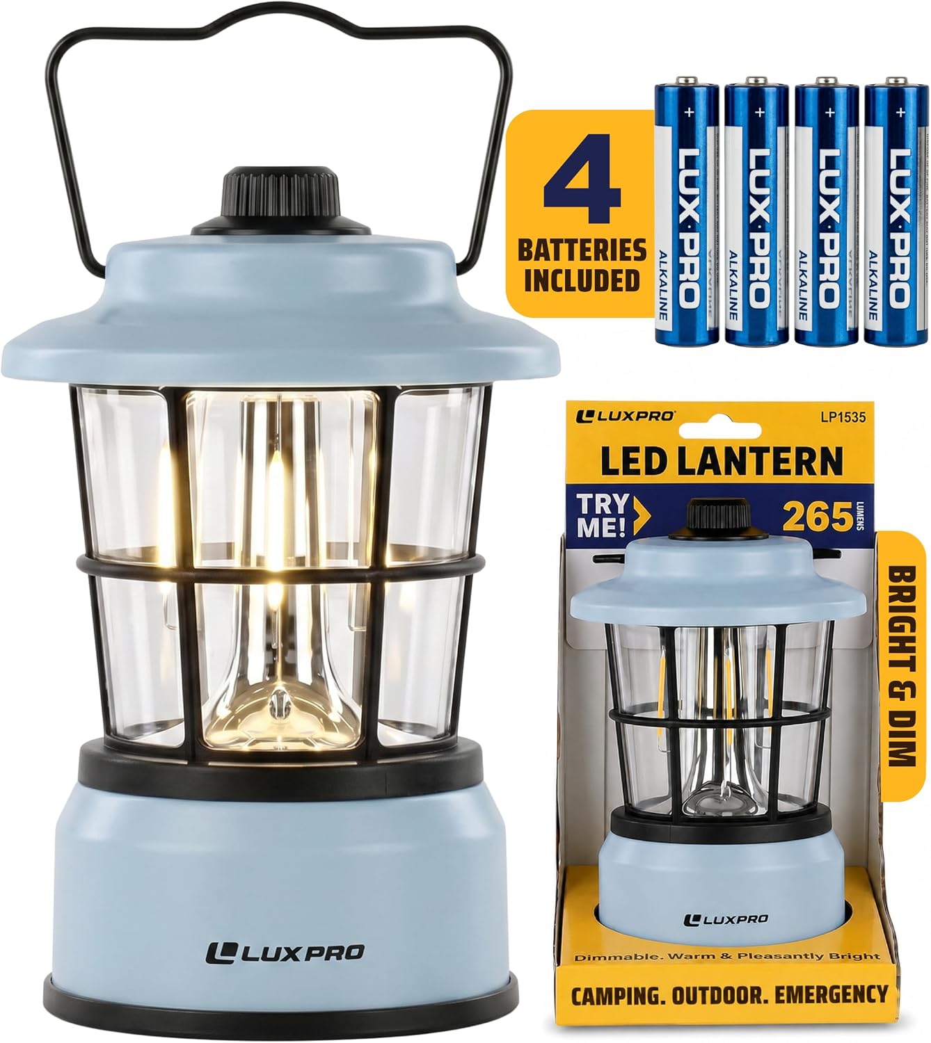 Blue LUXPRO lantern on outdoor picnic blanket with camping gear in evening light