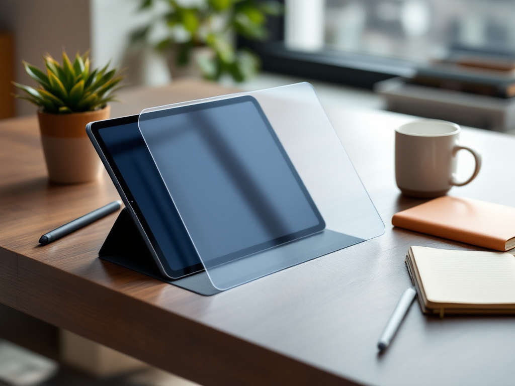 iPad with MOBDIK Paperfeel Screen Protector on a desk with Apple Pencil, coffee mug, and notebook in home office environment