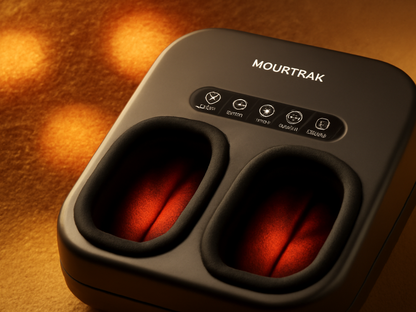 Close-up of MOUNTRAX foot massager showing three separate shiatsu kneading nodes with heating surface texture