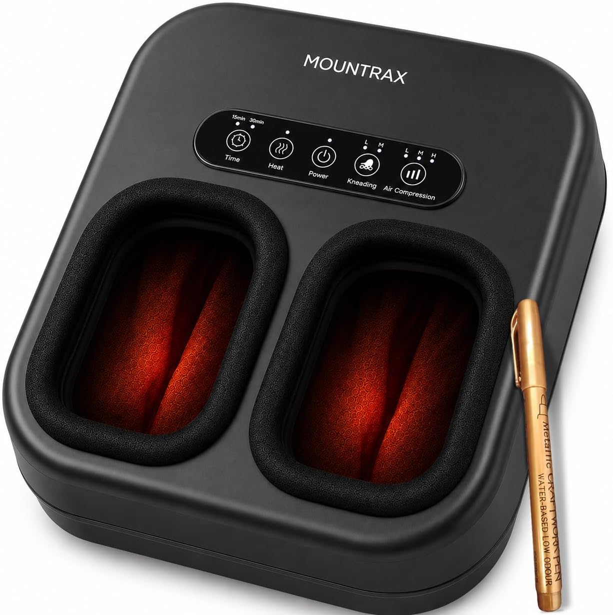 MOUNTRAX foot massager sitting on a nightstand in a bedroom corner with morning light and home furnishings visible