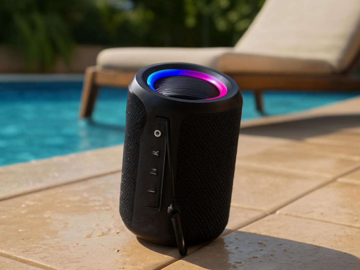 Portable speaker resting on wet pool deck next to lounger with water droplets, sunlit background