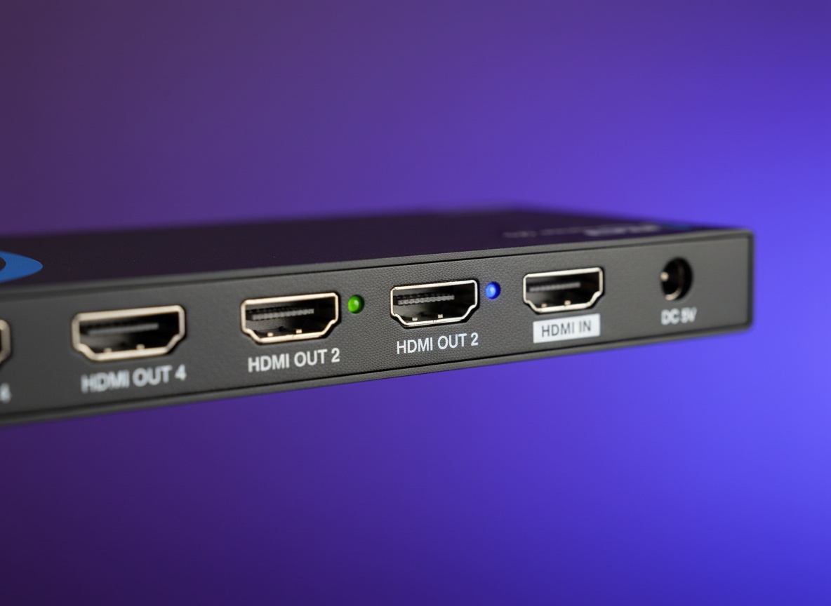 OREI HDMI splitter input port and LED indicator in macro detail against blurred background