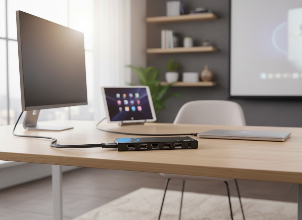 OREI HDMI splitter on desk with four cables connected to displays in a home office environment