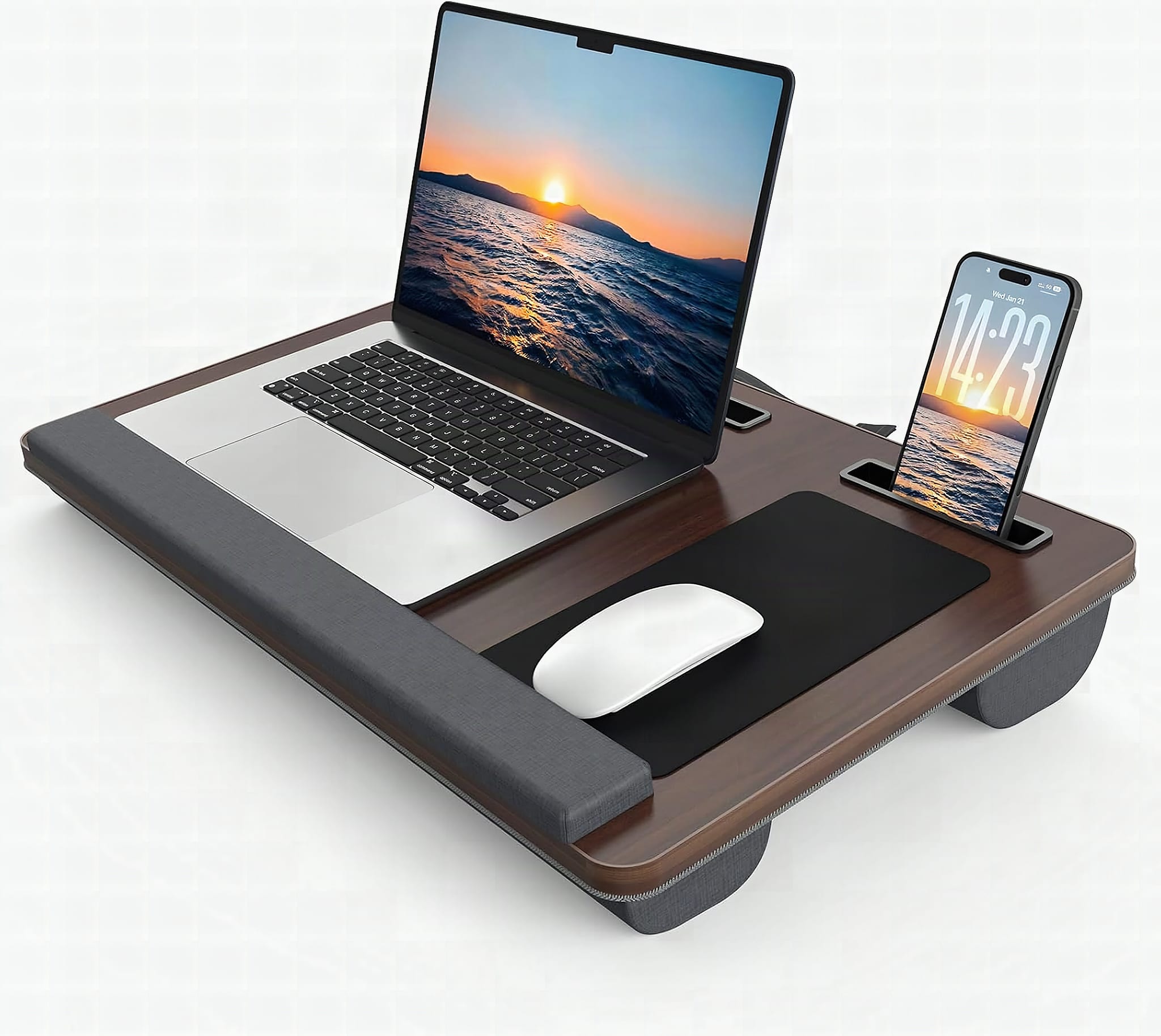 Close-up of dark brown lap desk showing wrist rest cushion texture and stitching detail
