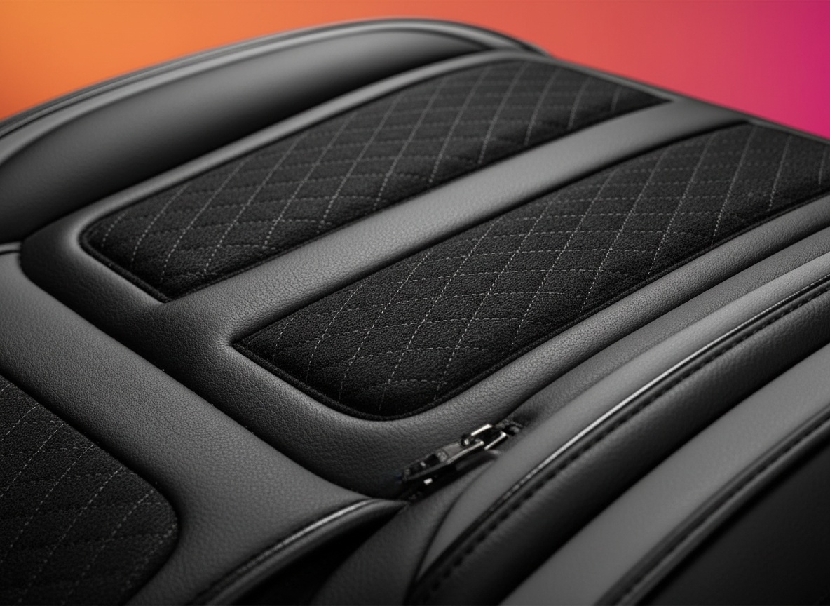 Macro close-up of black and grey leather seat cover showing texture and stitching detail