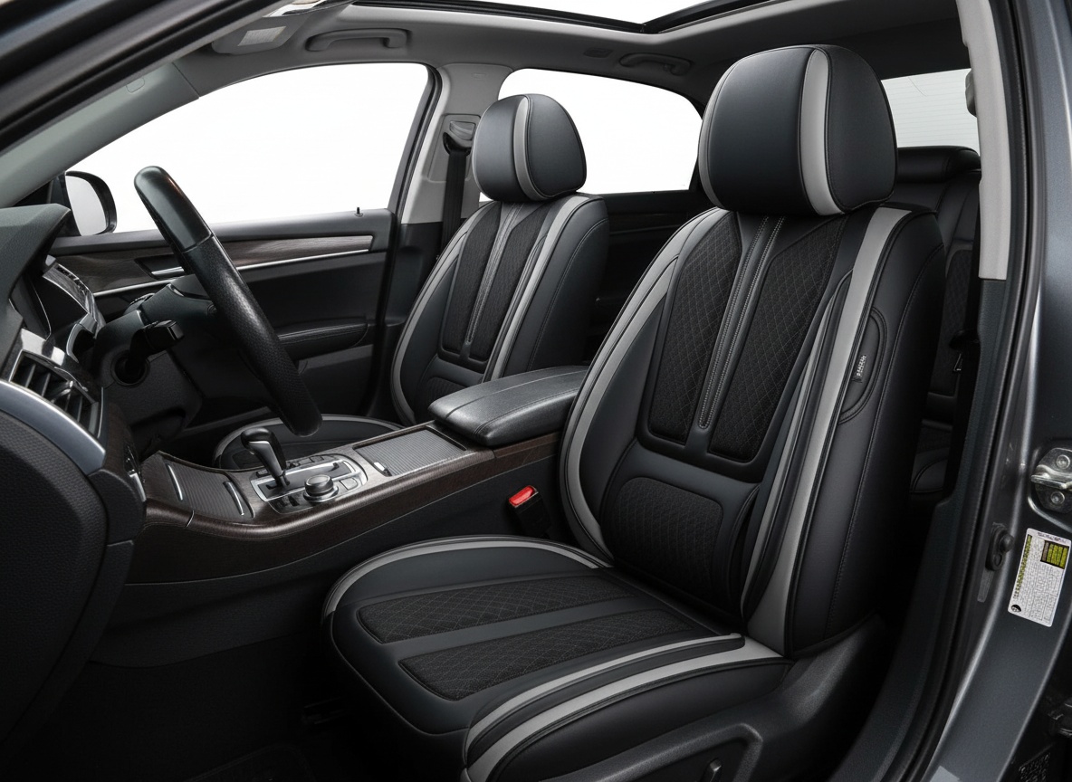 Full sedan interior with black and grey leather seat covers installed on all seats, dashboard and windows visible