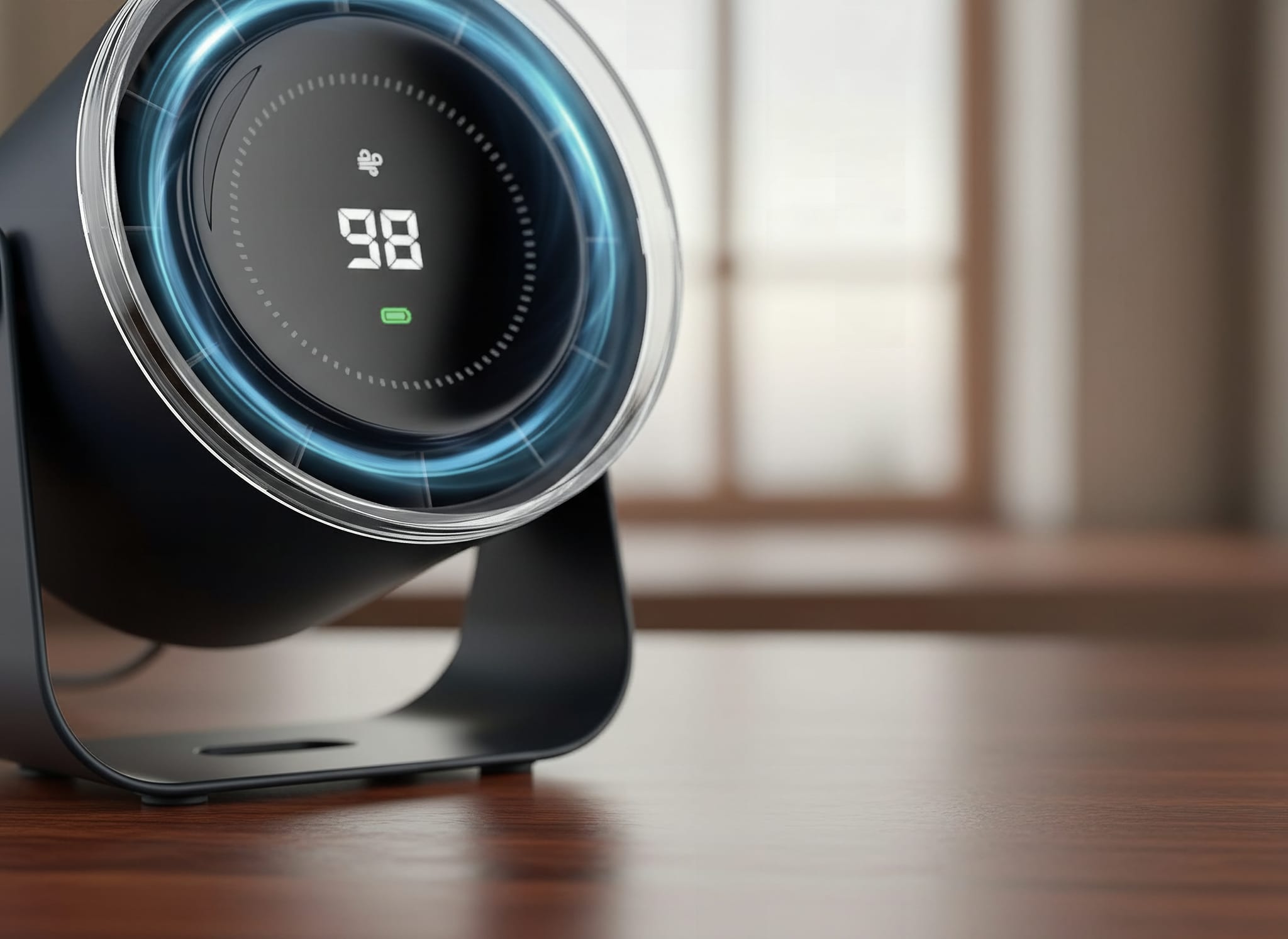 Close-up of WSKEN portable fan's digital battery display showing percentage readout on bluish-black housing