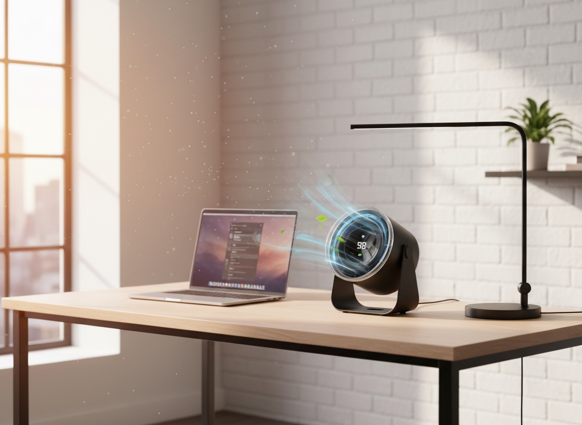 WSKEN desk fan on an office desk next to laptop and lamp in a bright home workspace