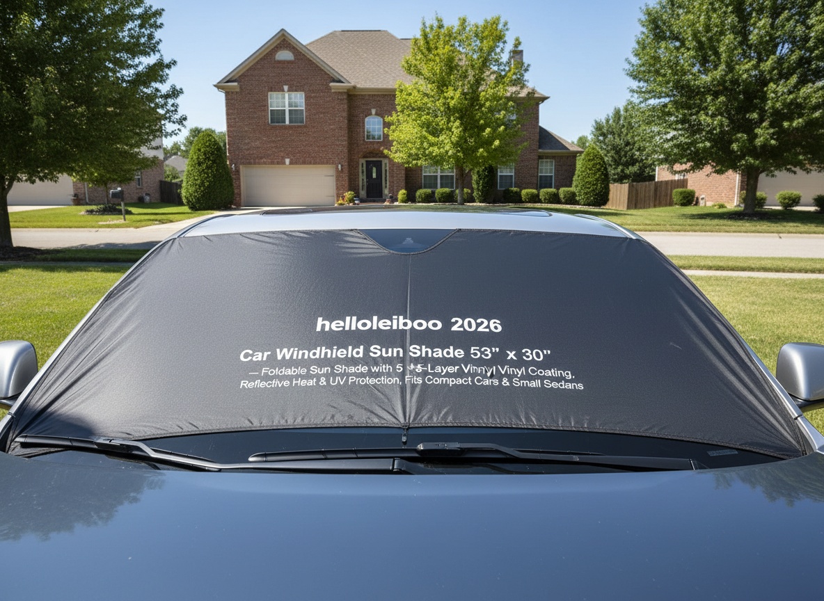 Deployed sun shade on a car windshield protecting the interior from bright sunlight in a residential driveway
