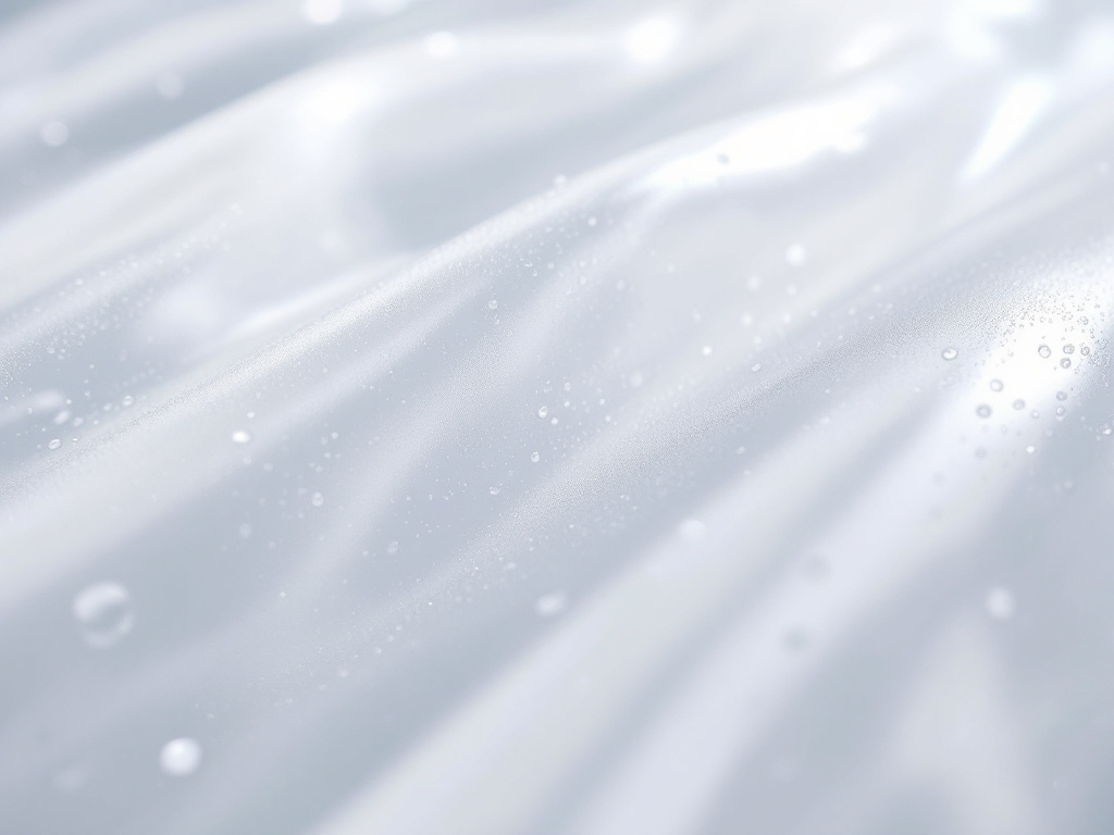 Macro close-up of PEVA shower curtain liner material with water beads, showing translucent texture detail