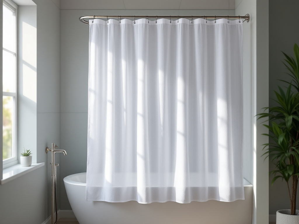 Shower curtain liner hanging in bathroom above bathtub with weighted hem at bottom, full room view