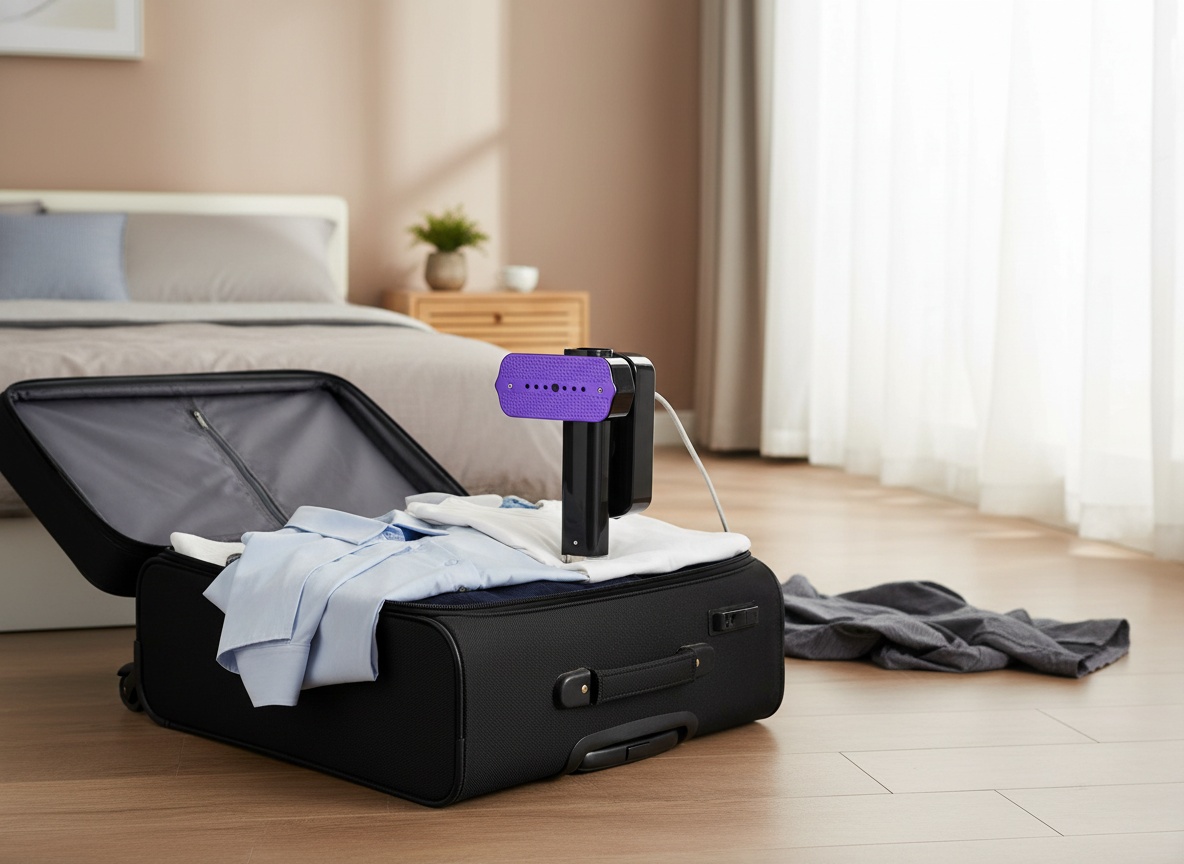 Travel garment steamer positioned on an open suitcase with clothing in a sunlit bedroom