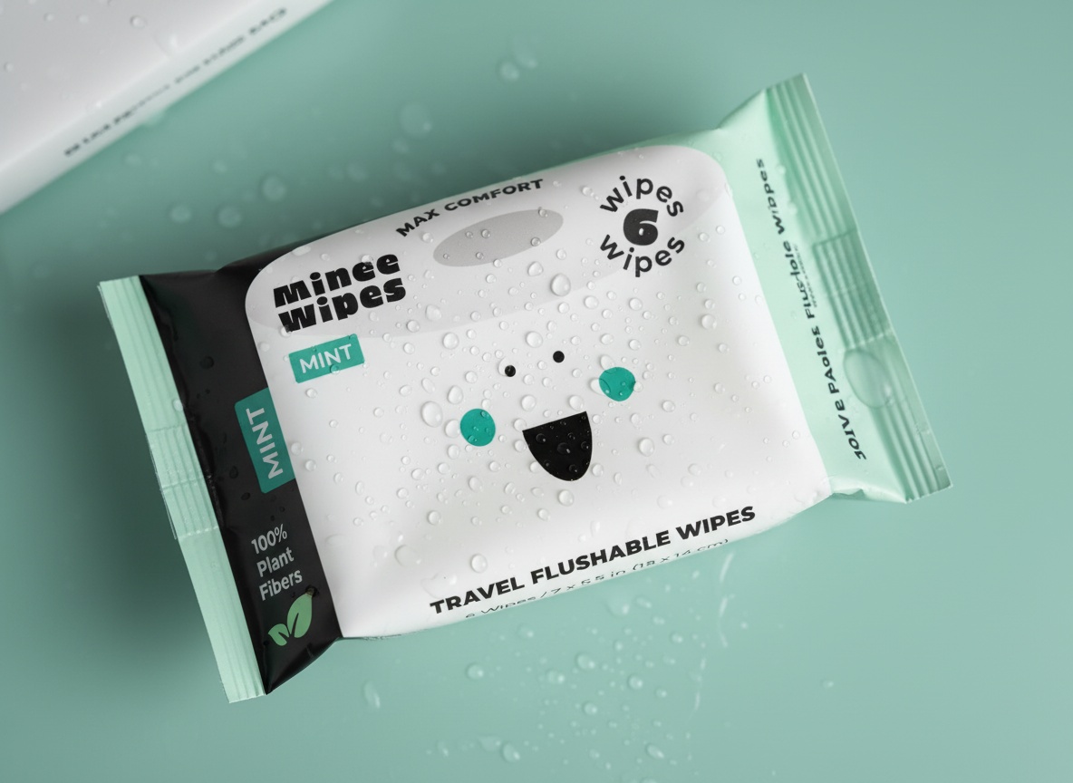 Single Impossibly Compact Travel Flushable Wipe packet in mint green with water droplets and aloe detail in extreme close-up