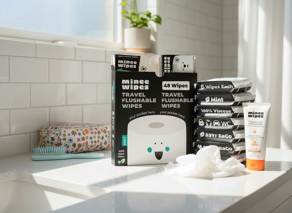 Eight-pack of travel wipes arranged on a bathroom counter with toiletries and cosmetic bag in natural morning light