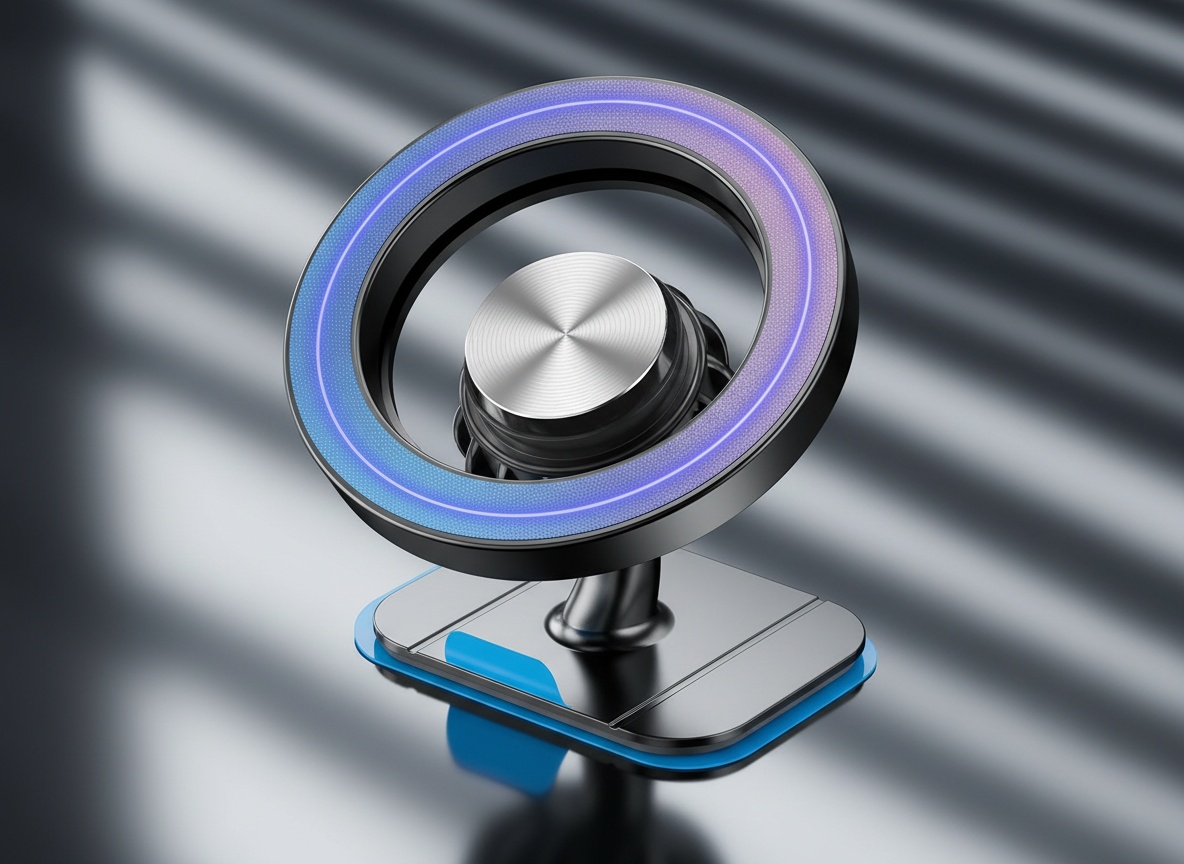 Kaistyle magnetic car mount's metal plate and adhesive backing in extreme close-up detail
