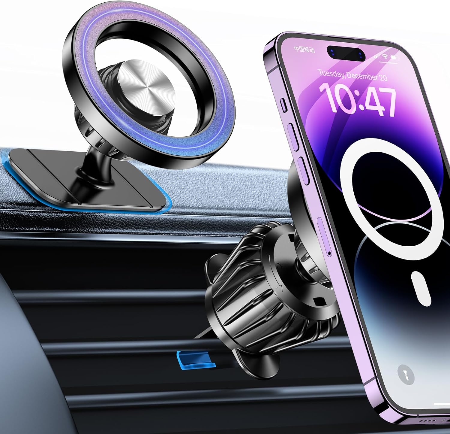 Kaistyle magnetic phone holder mounted on car dashboard holding a smartphone during daytime driving