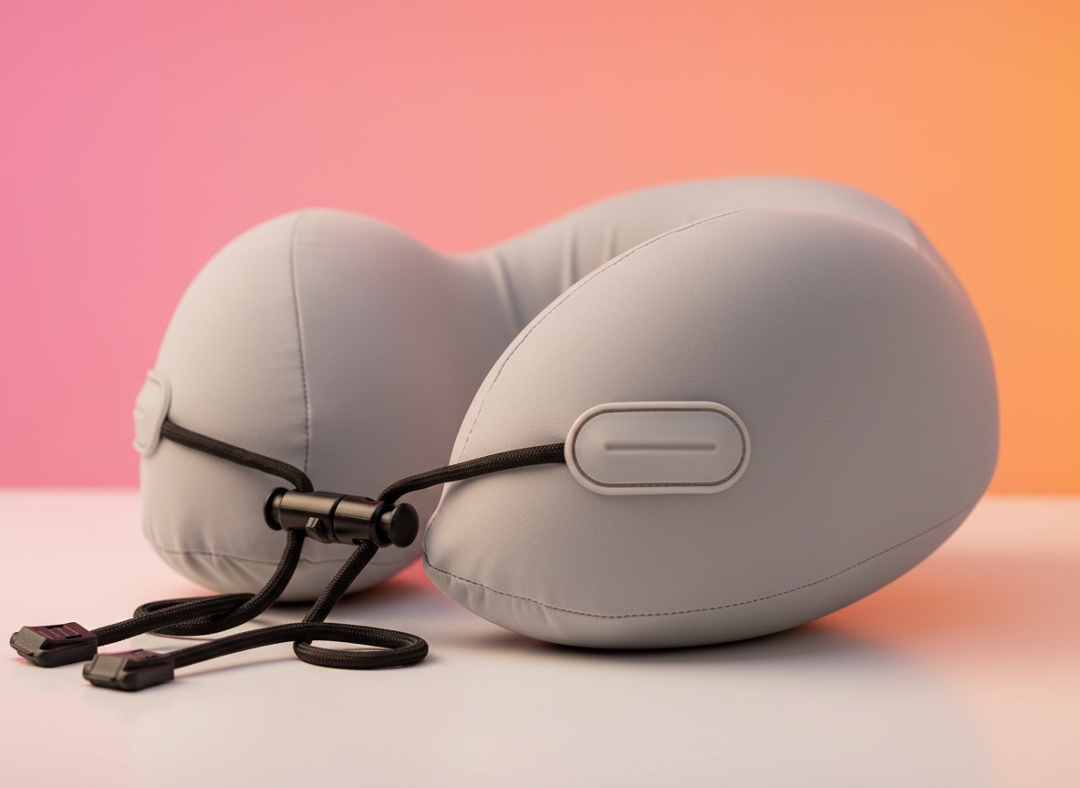 Macro detail of beige latex neck pillow showing curved ergonomic shape and fabric texture