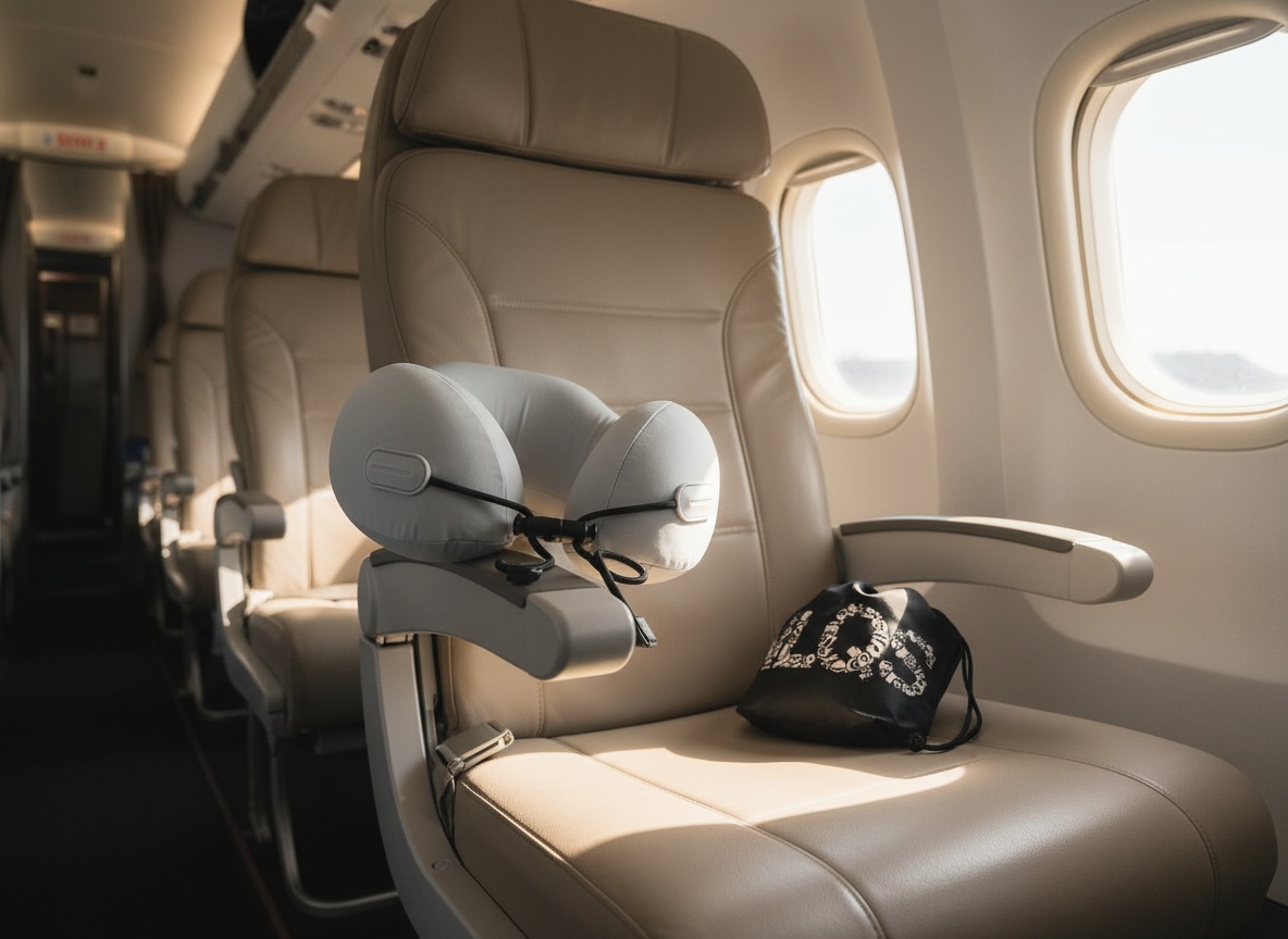 Natural latex neck pillow positioned on an airplane armrest with cabin seating visible in background