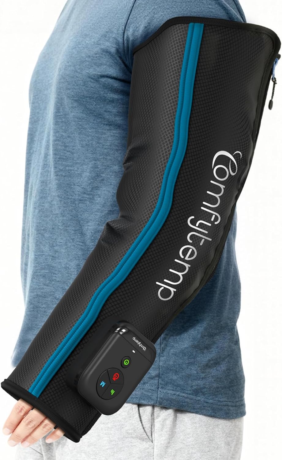 Macro close-up of Comfytemp compression sleeve showing air chamber segments and fabric weave texture