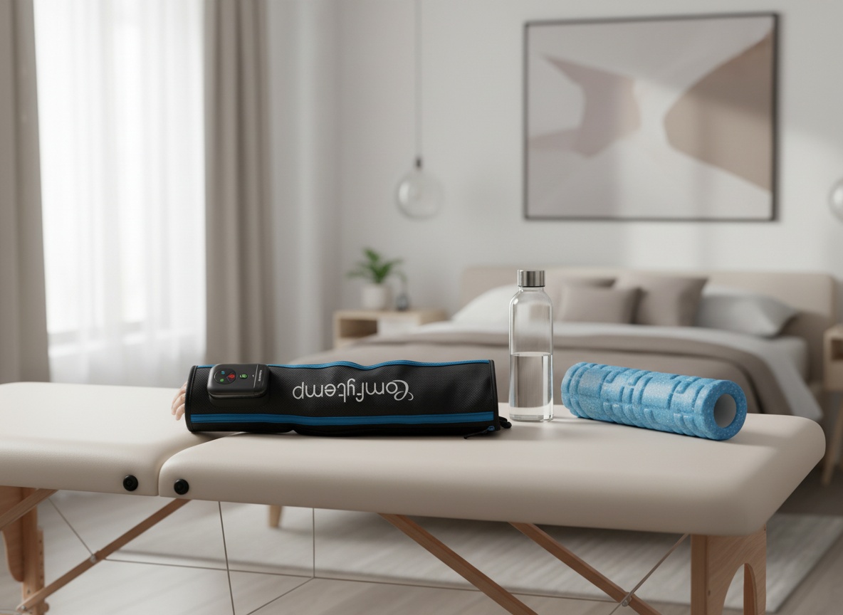 Comfytemp arm massager displayed on therapy table in home recovery room with wellness accessories