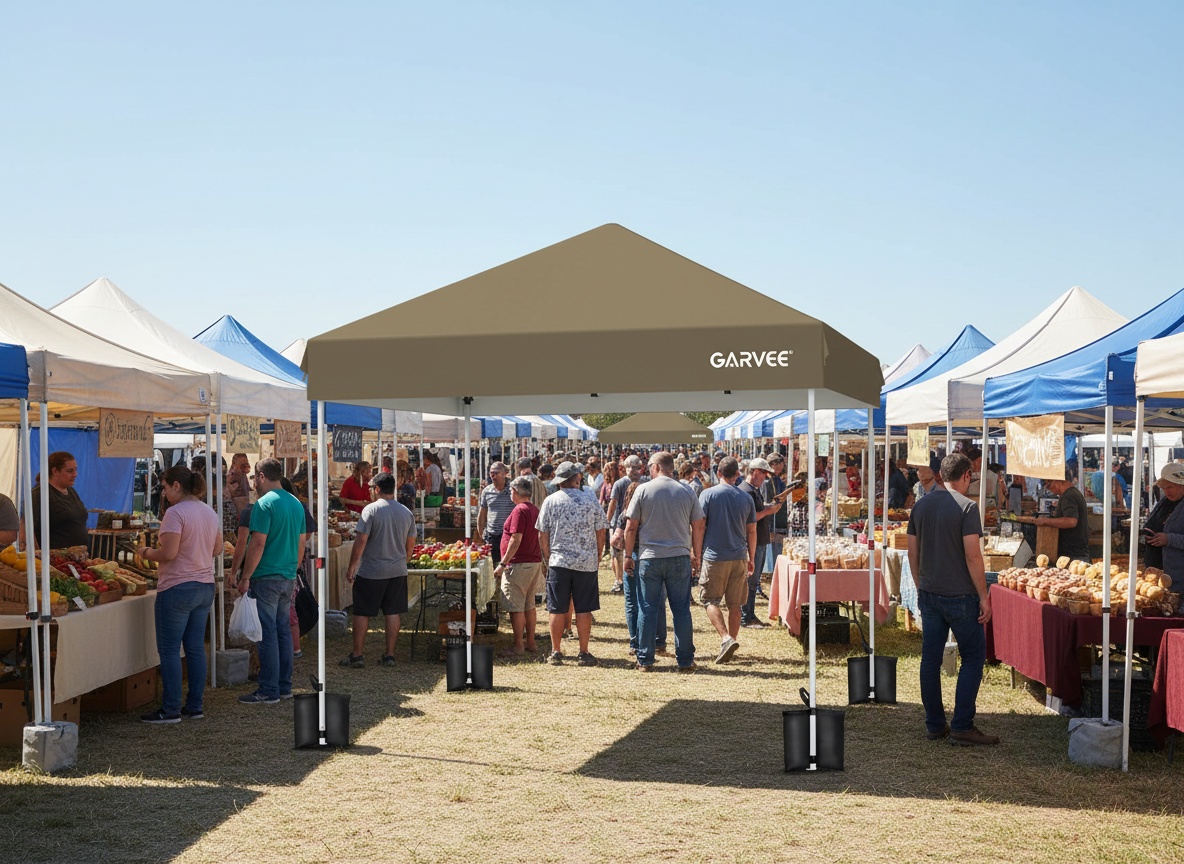 Garvee pop-up canopy tent set up at an outdoor farmers market with vendor tables and shoppers in background