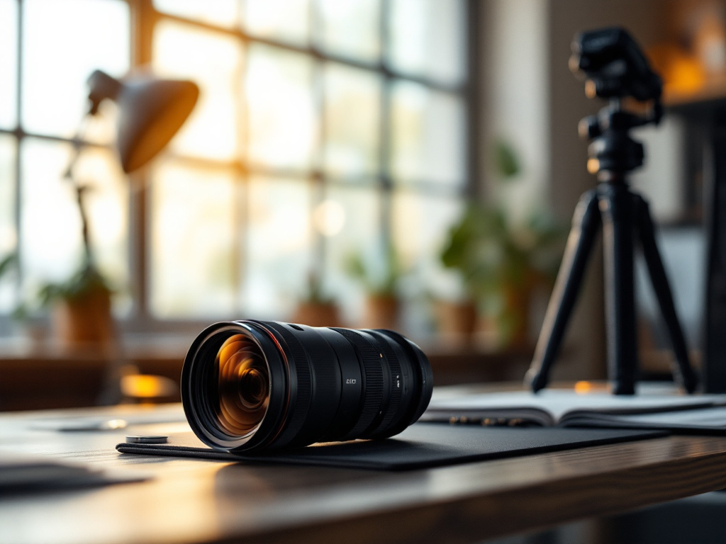 M.Zuiko 40-150mm lens on a photographer's studio desk with camera gear and tripod setup