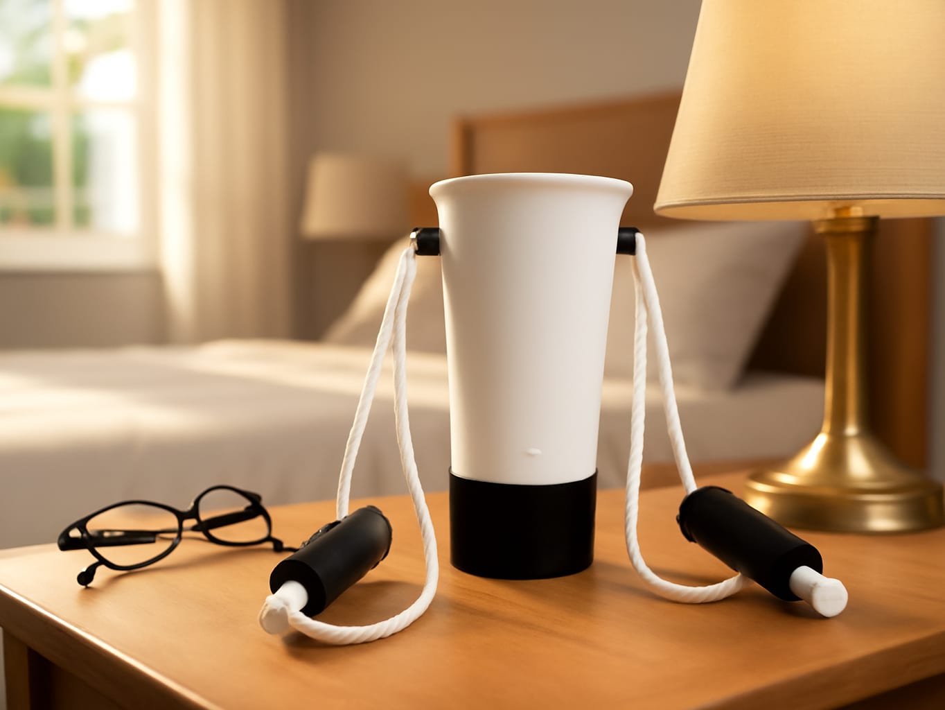 Vive Sock Aid on a bedroom nightstand with lamp and glasses, morning bedroom setting in background