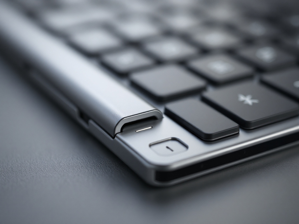 Close-up of the wireless foldable keyboard's hinge joint showing the metallic pivot mechanism