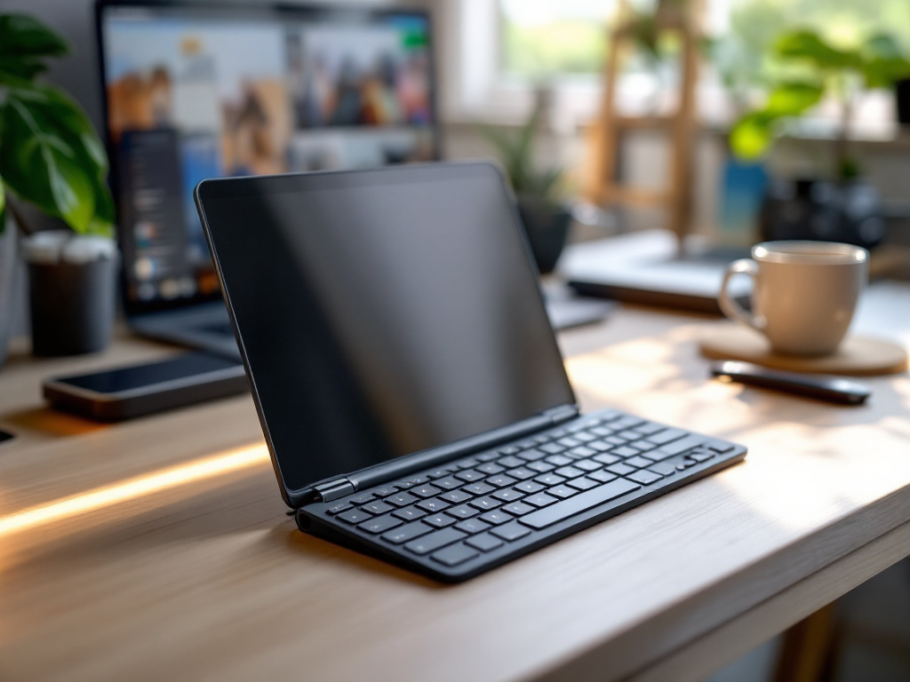Unfolded wireless keyboard on a desk next to a laptop and coffee cup in a home office