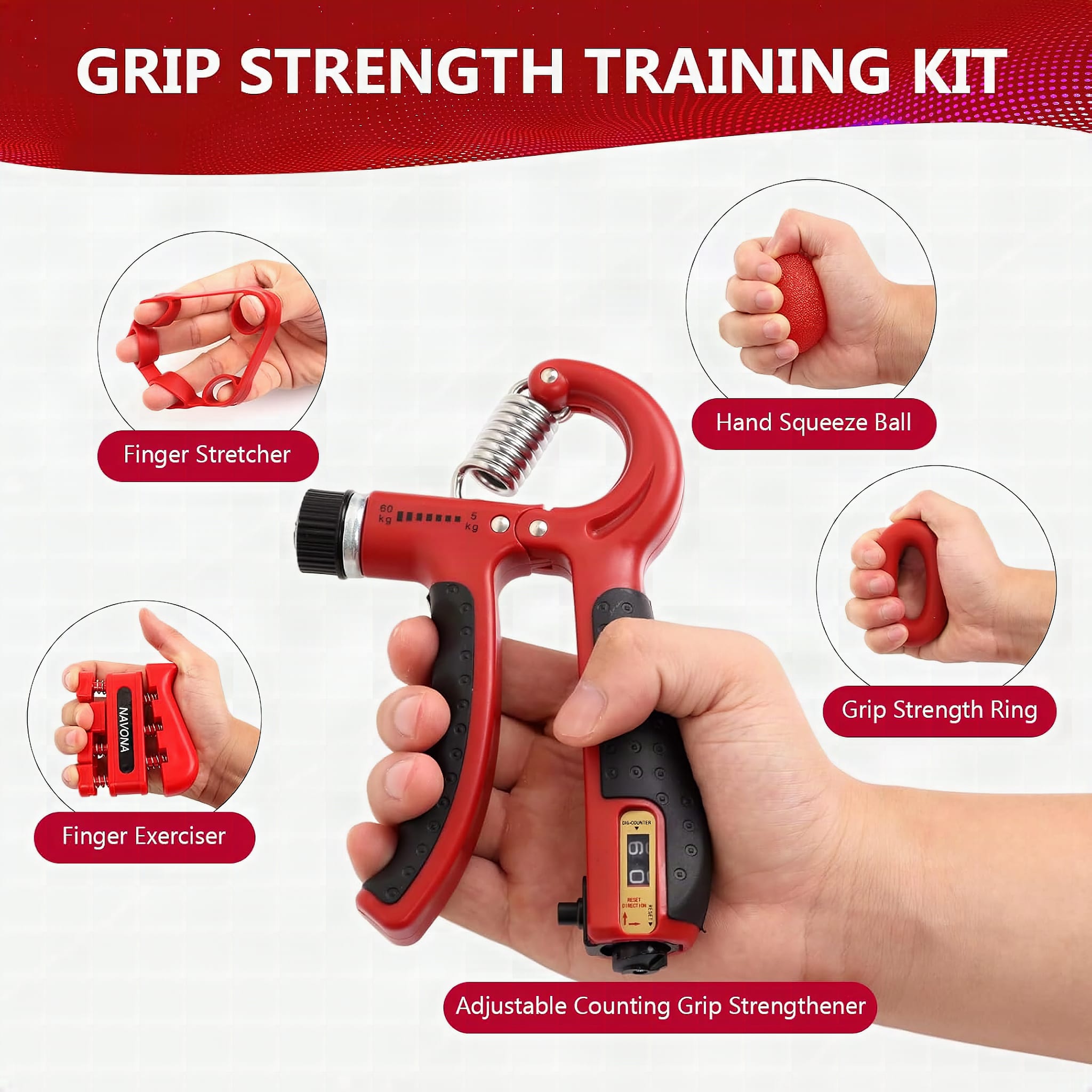 Close-up of five grip strength trainers showing metal springs and rubber grip details