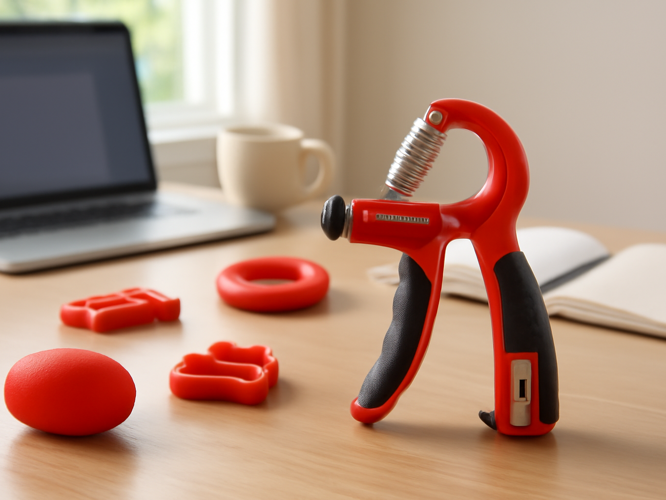 Grip strength trainer kit spread across a home office desk with laptop and coffee