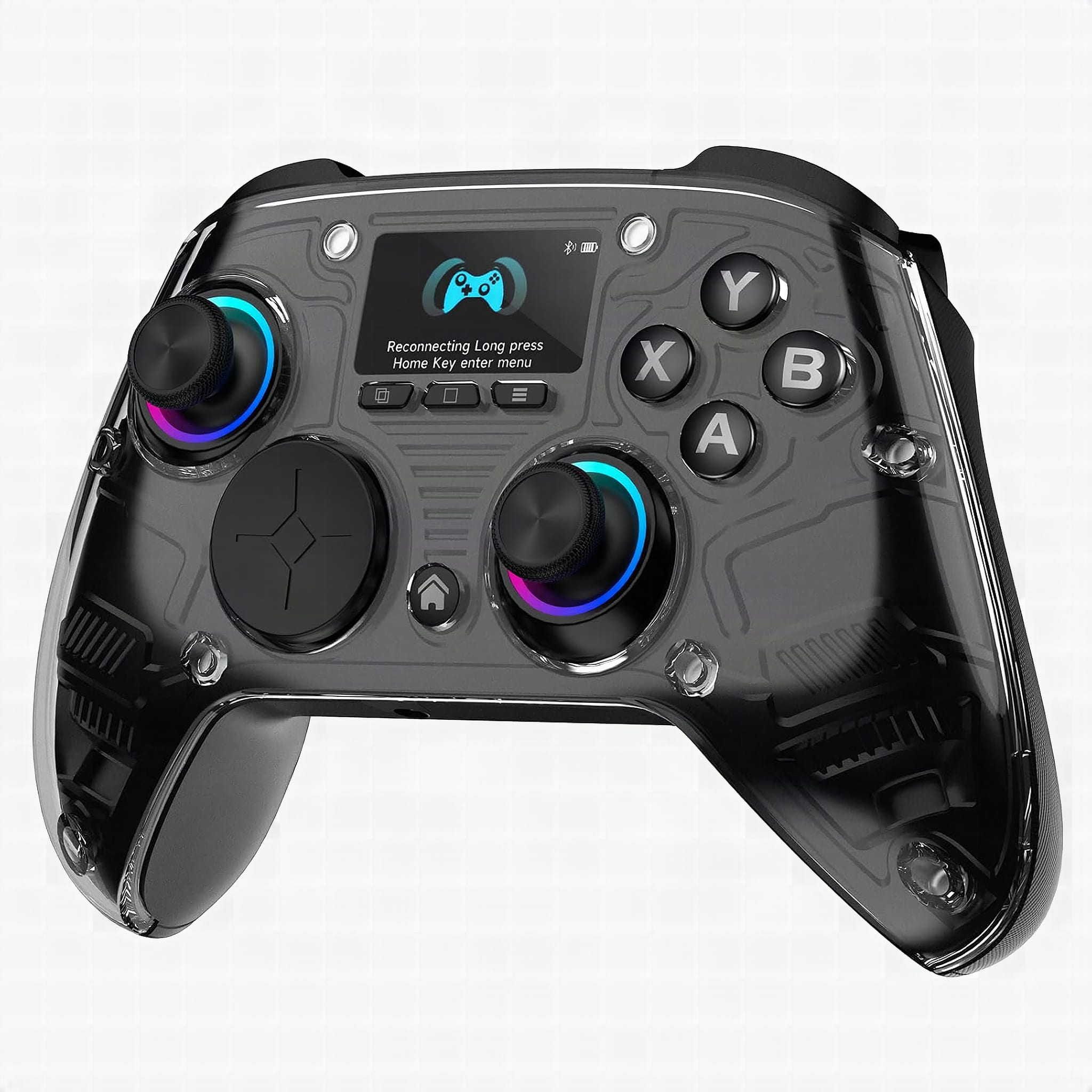 Macro close-up of AOC controller's Hall Effect stick and trigger with metallic details in sharp focus