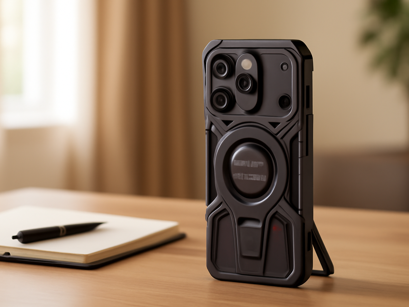 TONGATE iPhone case standing on desk with magnetic stand among workspace items, natural daylight